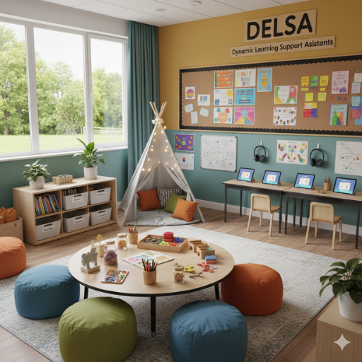 Calm, accessible wellbeing space with soft seating, plants and a small digital regulation screen.