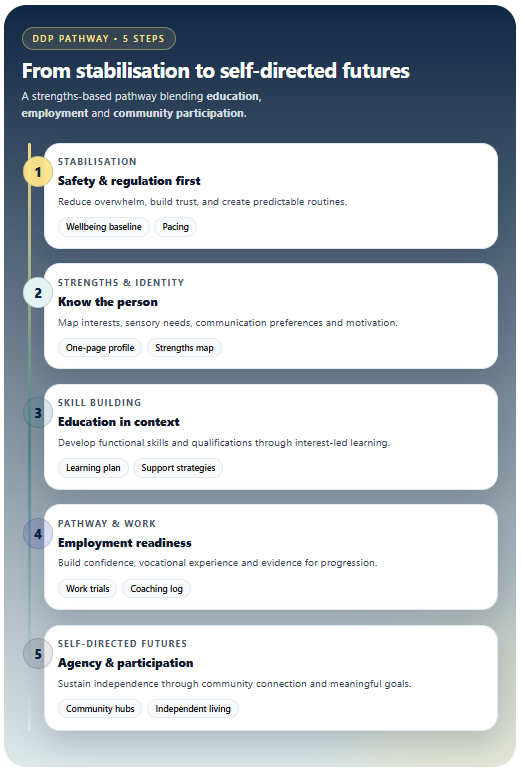 Graphic showing a five-step Dynamic Development Plan journey from stabilisation to independent futures.